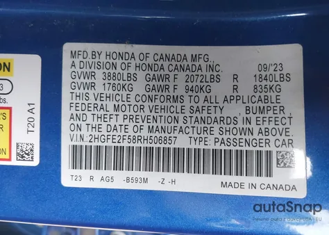 2024 Honda Civic Sport из США, поврежденный, VIN 2HGFE2F58RH506857